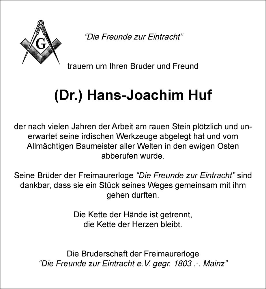  Traueranzeige für Hans-Joachim Huf vom 24.09.2024 aus Allgemeine Zeitung Mainz