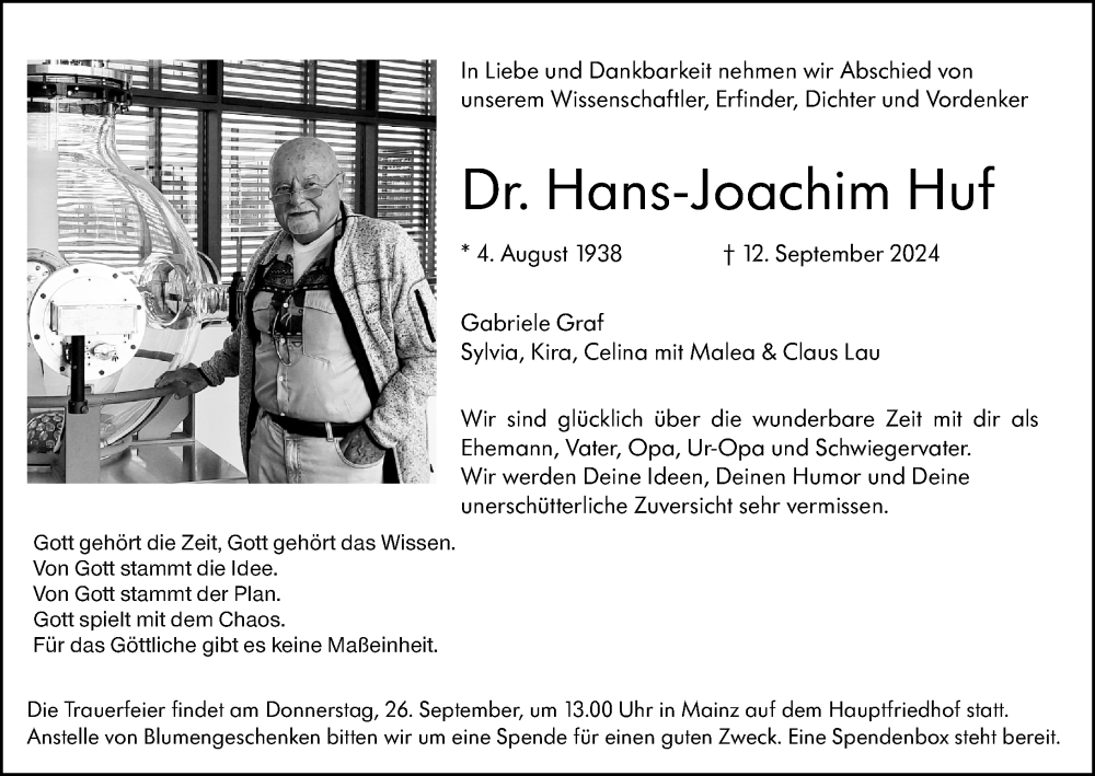  Traueranzeige für Hans-Joachim Huf vom 24.09.2024 aus Allgemeine Zeitung Mainz