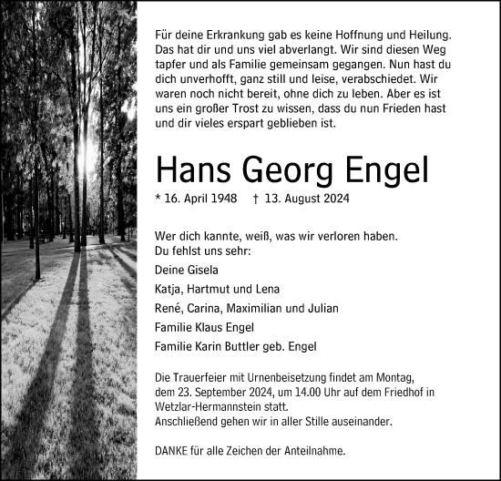 Traueranzeige von Hans Georg Engel von Wetzlarer Neue Zeitung