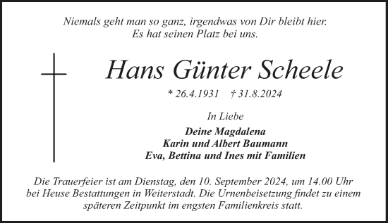 Traueranzeige von Hans Günter Scheele von Darmstädter Echo