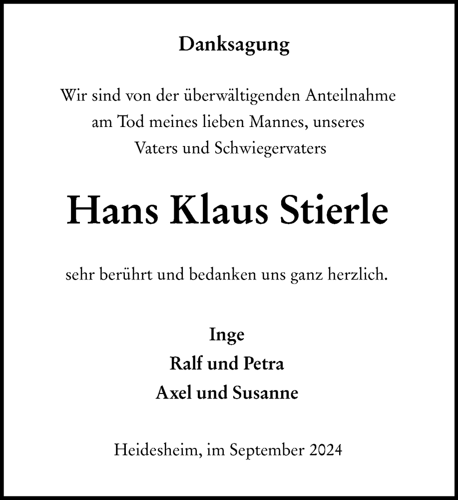  Traueranzeige für Hans Klaus Stierle vom 28.09.2024 aus Allgemeine Zeitung Mainz
