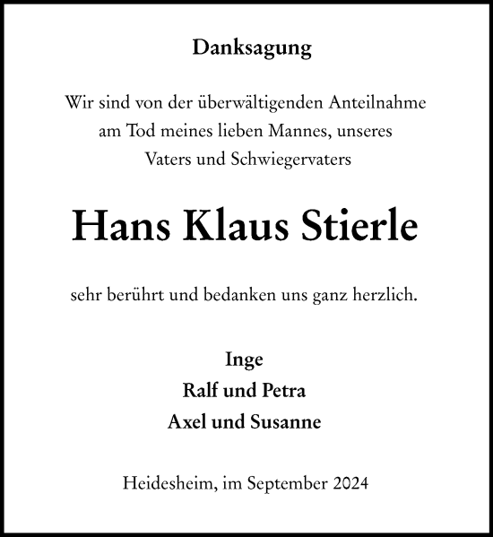 Traueranzeige von Hans Klaus Stierle von Allgemeine Zeitung Mainz