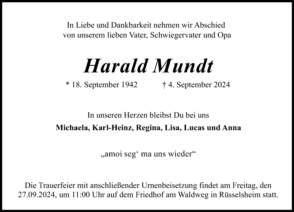  Traueranzeige für Harald Mundt vom 14.09.2024 aus Rüsselsheimer Echo