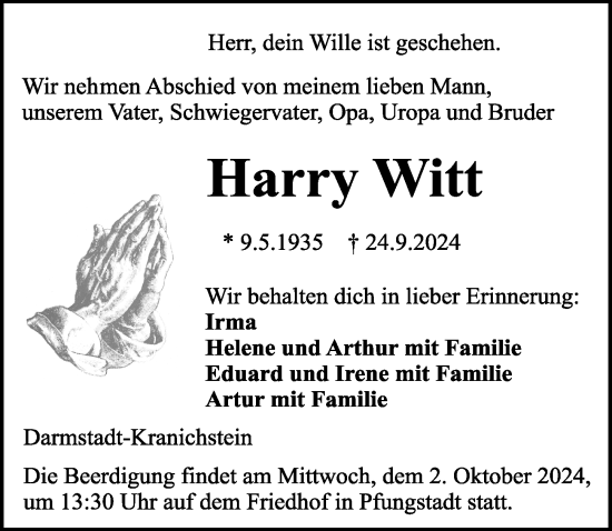 Traueranzeige von Harry Witt von Darmstädter Echo