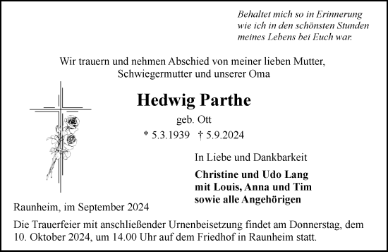 Traueranzeige von Hedwig Parthe von Rüsselsheimer Echo