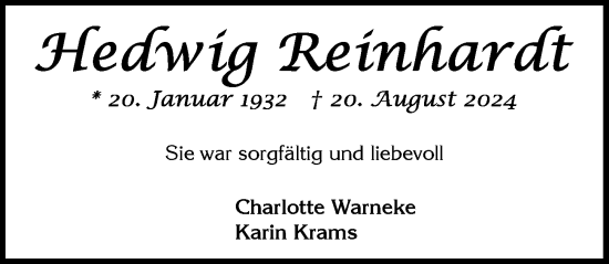 Traueranzeige von Hedwig Reinhardt von Wiesbadener Kurier