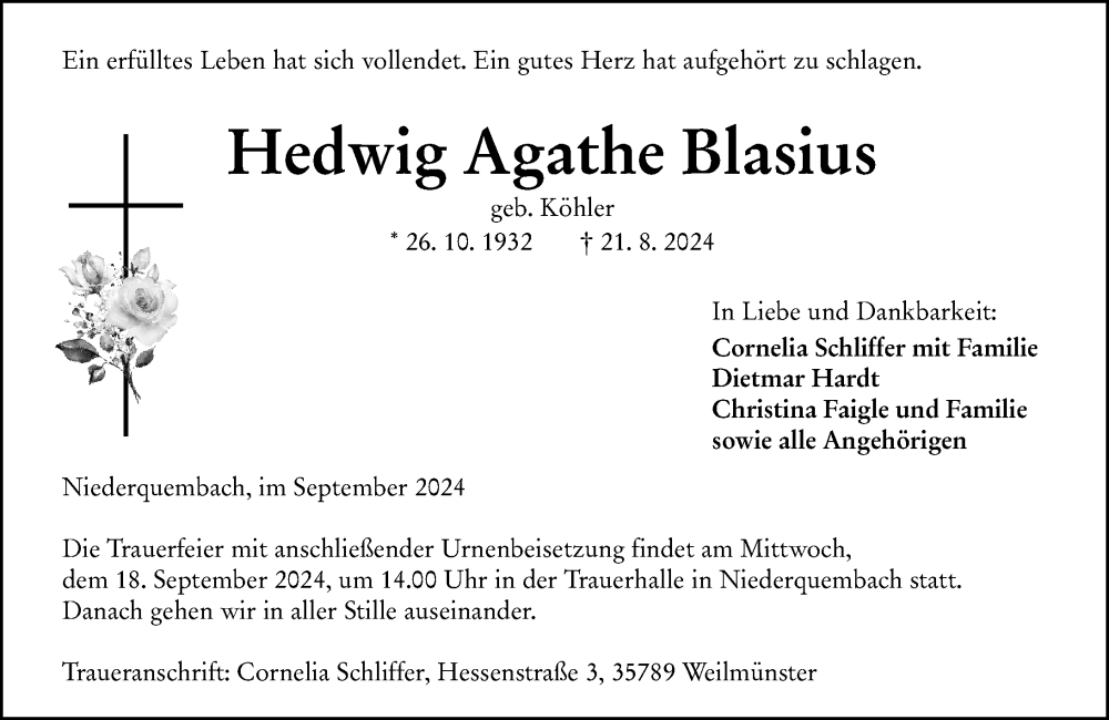  Traueranzeige für Hedwig Agathe Blasius vom 14.09.2024 aus Weilburger Tageblatt