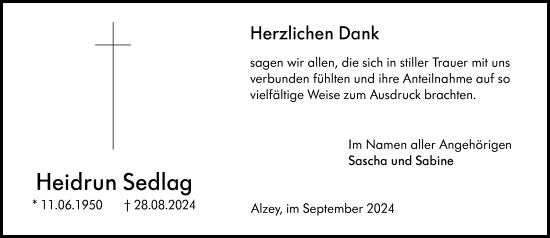 Traueranzeige von Heidrun Sedlag von Allgemeine Zeitung Alzey