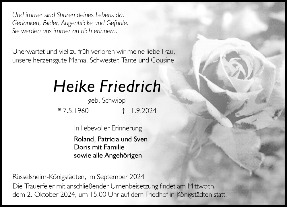  Traueranzeige für Heike Friedrich vom 21.09.2024 aus Rüsselsheimer Echo