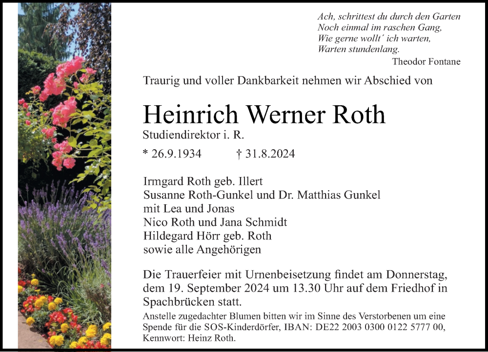  Traueranzeige für Heinrich Werner Roth vom 07.09.2024 aus Darmstädter Echo