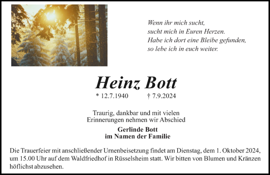 Traueranzeige von Heinz Bott von Rüsselsheimer Echo