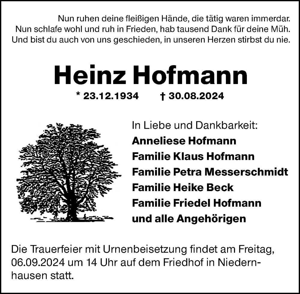  Traueranzeige für Heinz Hofmann vom 05.09.2024 aus Darmstädter Echo