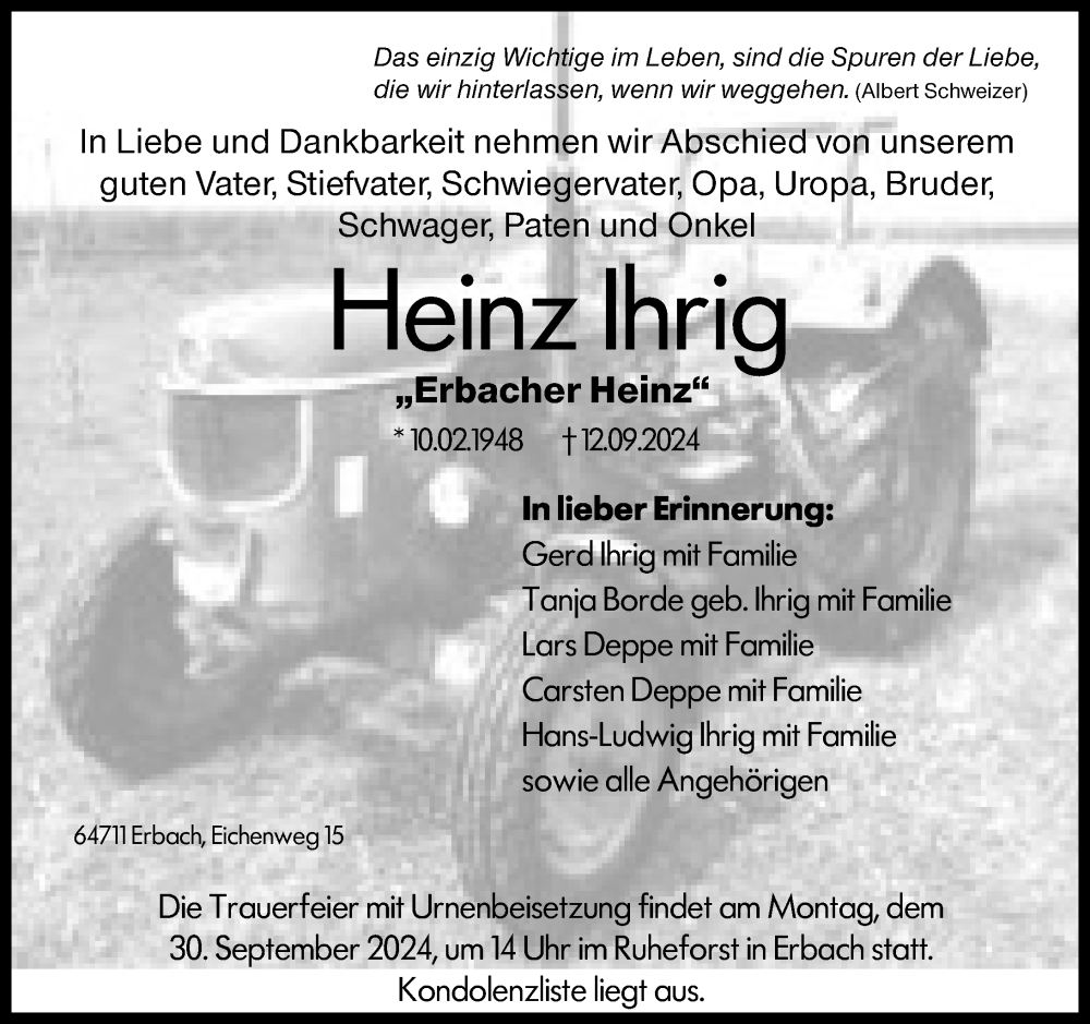  Traueranzeige für Heinz Ihrig vom 21.09.2024 aus Odenwälder Echo