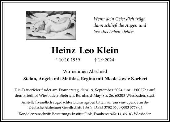 Traueranzeige von Heinz-Leo Klein von Wiesbadener Kurier