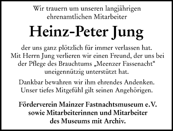 Traueranzeige von Heinz-Peter Jung von Allgemeine Zeitung Mainz