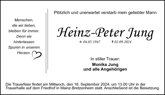 Traueranzeige von Heinz-Peter Jung von Allgemeine Zeitung Mainz