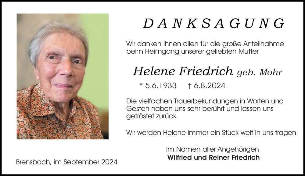  Traueranzeige für Helene Friedrich vom 07.09.2024 aus Odenwälder Echo