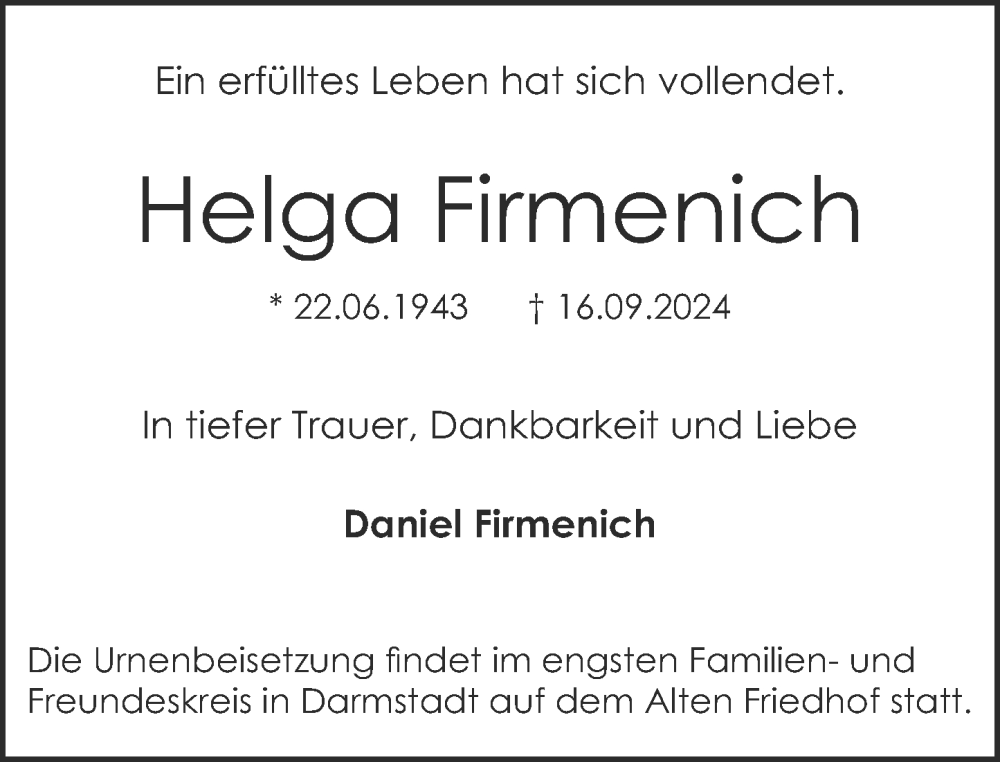  Traueranzeige für Helga Firmenich vom 28.09.2024 aus Darmstädter Echo