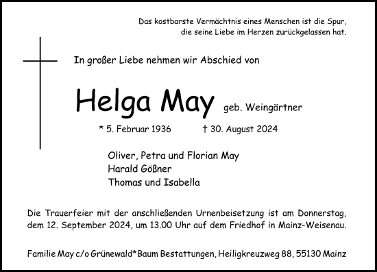 Traueranzeige von Helga May von Allgemeine Zeitung Mainz