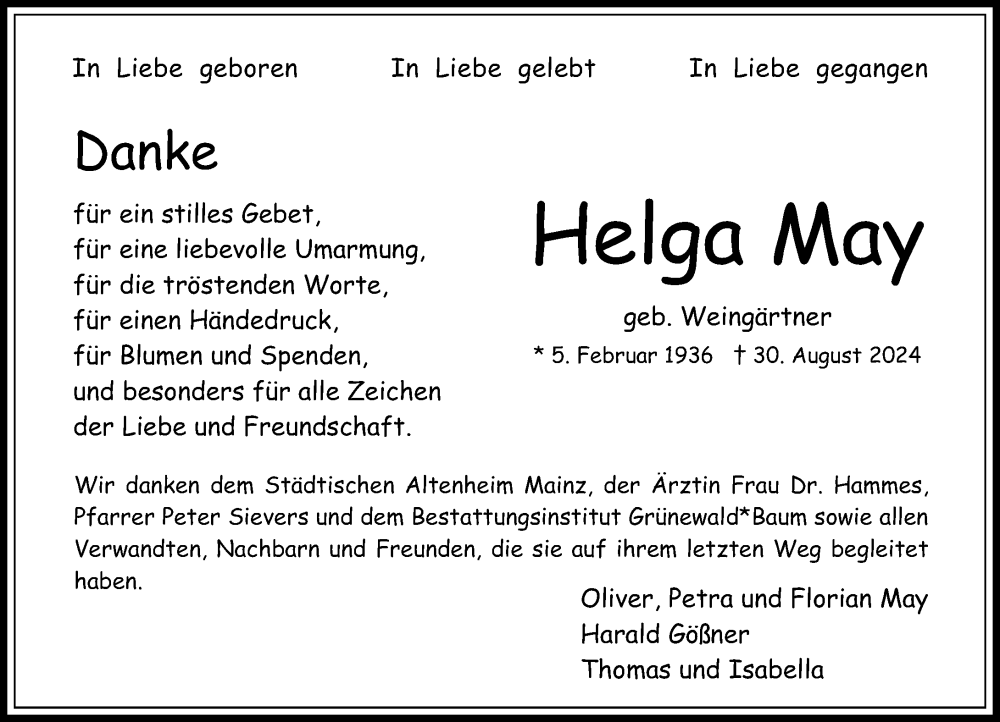 Traueranzeige für Helga May vom 28.09.2024 aus Allgemeine Zeitung Mainz