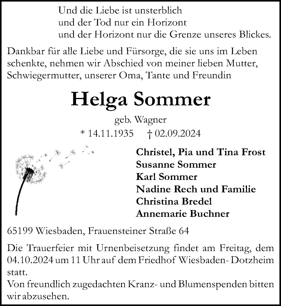  Traueranzeige für Helga Sommer vom 28.09.2024 aus Wiesbadener Kurier