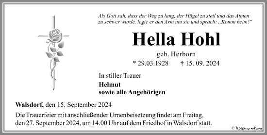Traueranzeige von Hella Hohl von Camberger Anzeiger