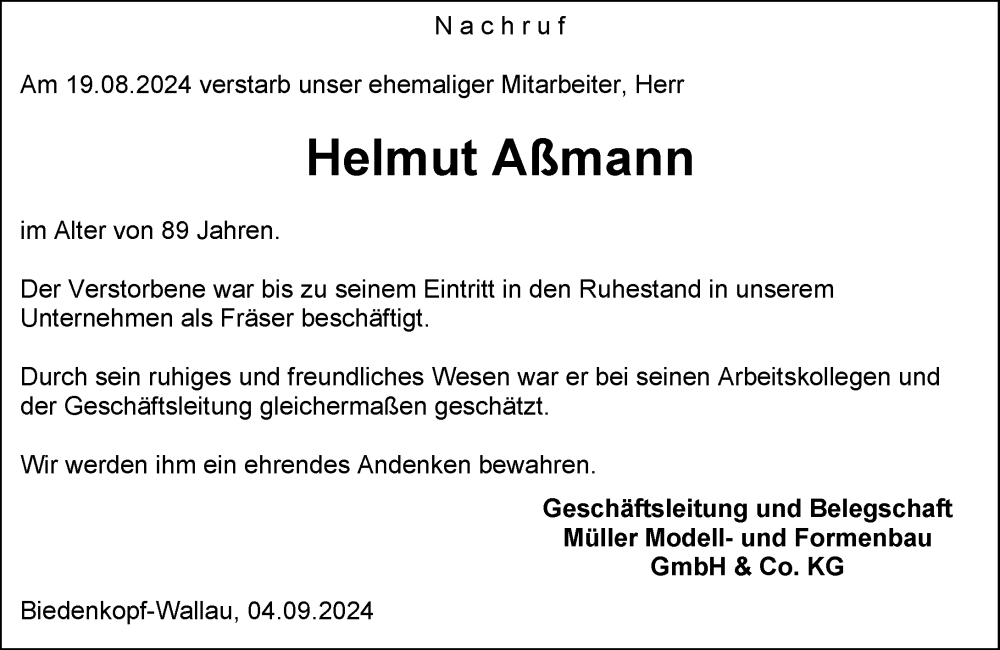  Traueranzeige für Helmut Aßmann vom 04.09.2024 aus Hinterländer Anzeiger