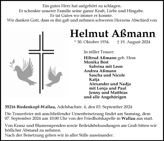 Traueranzeige von Helmut Aßmann von Hinterländer Anzeiger