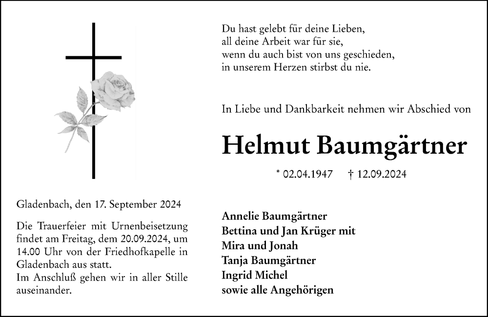 Traueranzeige für Helmut Baumgärtner vom 17.09.2024 aus Hinterländer Anzeiger