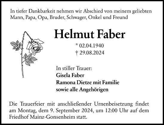 Traueranzeige von Helmut Faber von Allgemeine Zeitung Mainz