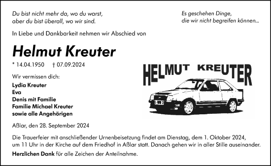 Traueranzeige von Helmut Kreuter von Wetzlarer Neue Zeitung