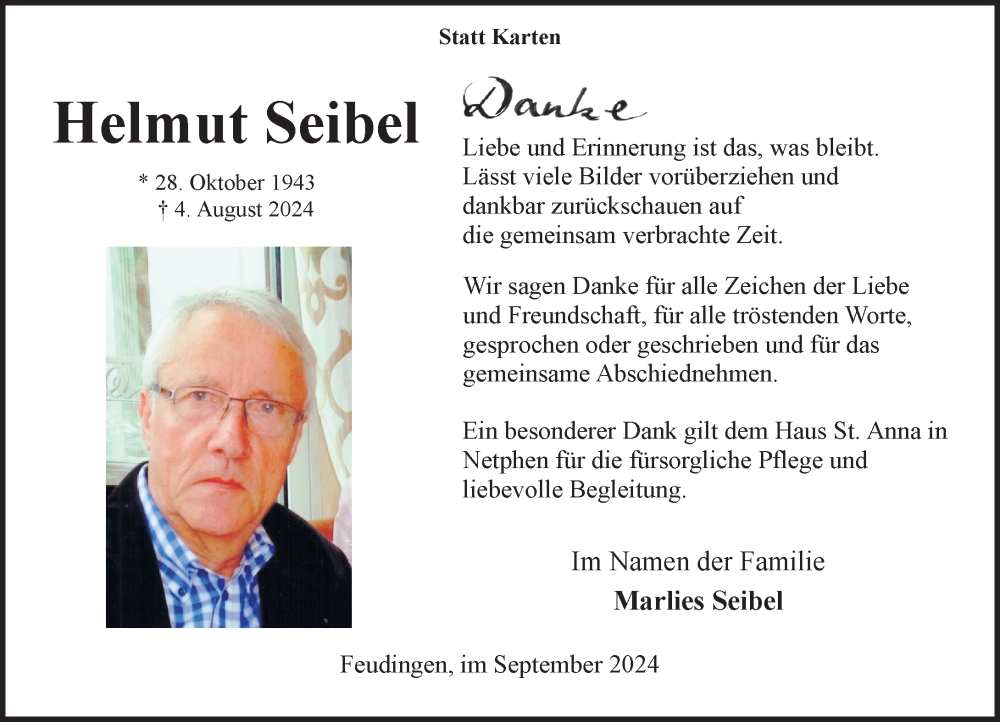  Traueranzeige für Helmut Seibel vom 21.09.2024 aus Hinterländer Anzeiger