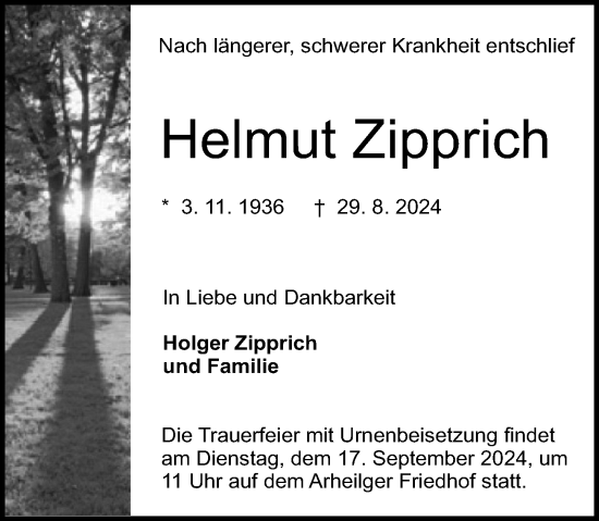 Traueranzeige von Helmut Zipprich von Darmstädter Echo