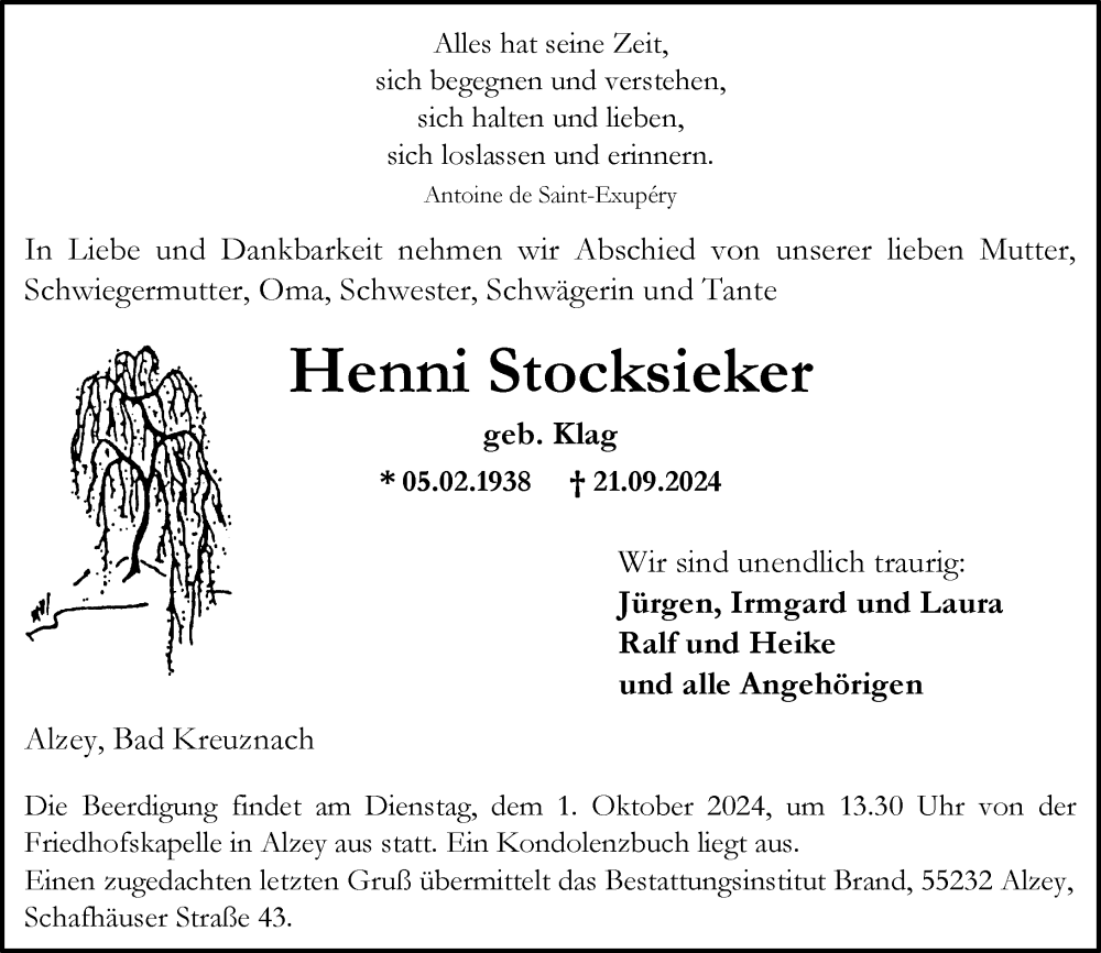  Traueranzeige für Henni Stocksieker vom 28.09.2024 aus Allgemeine Zeitung Rheinhessen-Nahe