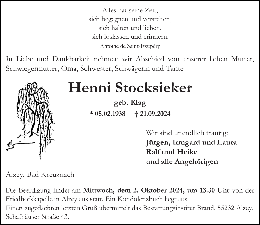  Traueranzeige für Henni Stocksieker vom 30.09.2024 aus Allgemeine Zeitung Rheinhessen-Nahe