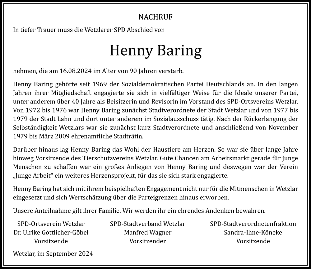 Traueranzeige für Henny Baring vom 24.09.2024 aus Wetzlarer Neue Zeitung