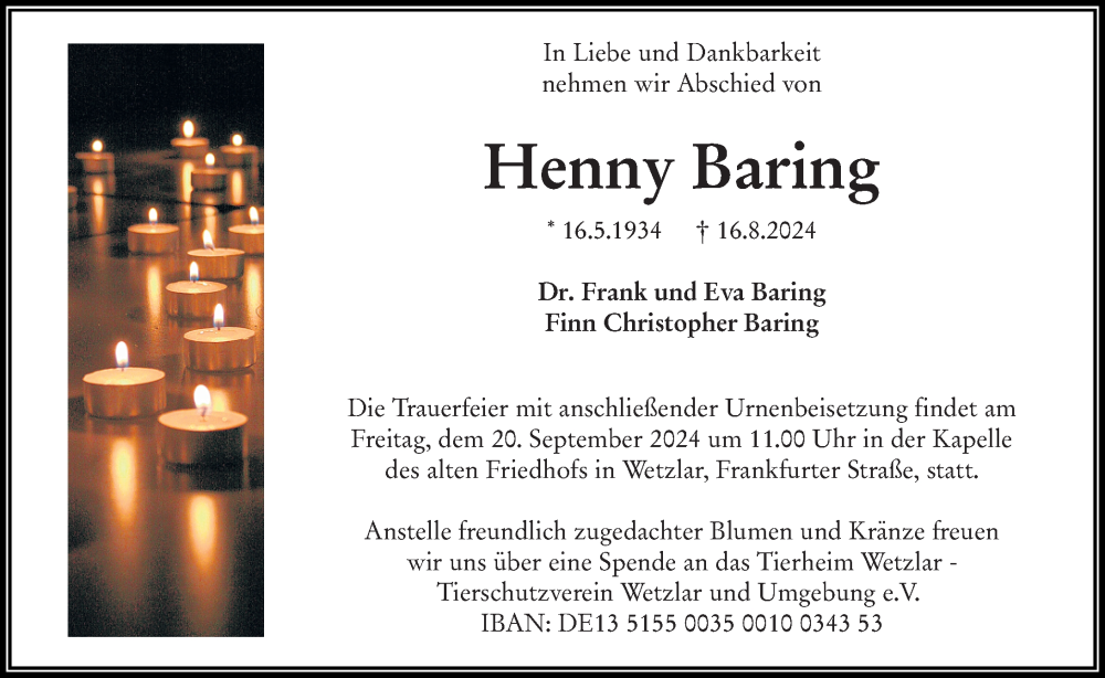  Traueranzeige für Henny Baring vom 14.09.2024 aus Wetzlarer Neue Zeitung