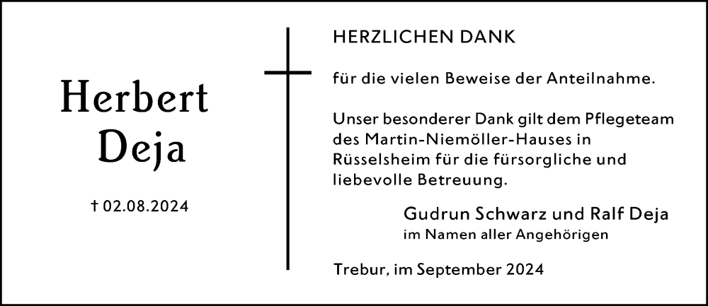  Traueranzeige für Herbert Deja vom 10.09.2024 aus Dieburger Anzeiger/Groß-Zimmerner Lokal-Anzeiger