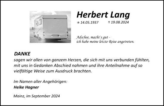 Traueranzeige von Herbert Lang von Allgemeine Zeitung Mainz