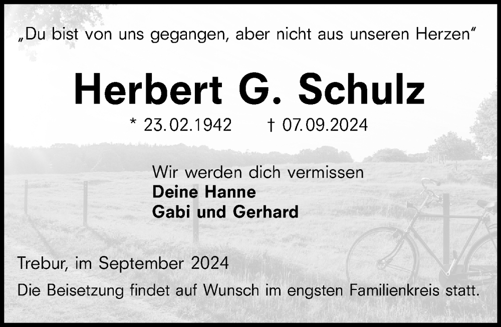  Traueranzeige für Herbert G. Schulz vom 14.09.2024 aus Rüsselsheimer Echo