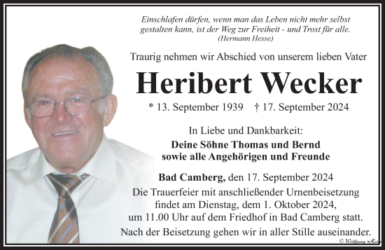 Traueranzeige von Heribert Wecker von Camberger Anzeiger