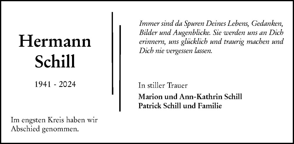  Traueranzeige für Hermann Schill vom 17.09.2024 aus Allgemeine Zeitung Rheinhessen-Nahe