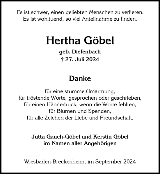 Traueranzeige von Herta Göbel von Wiesbadener Kurier