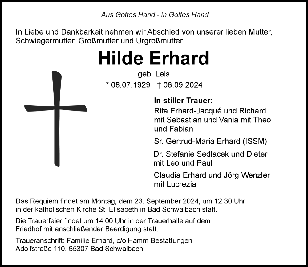  Traueranzeige für Hilde Erhard vom 14.09.2024 aus Wiesbadener Kurier