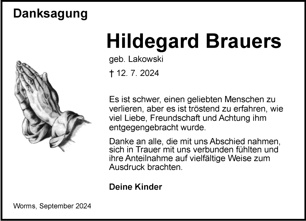  Traueranzeige für Hildegard Brauers vom 21.09.2024 aus Wormser Zeitung