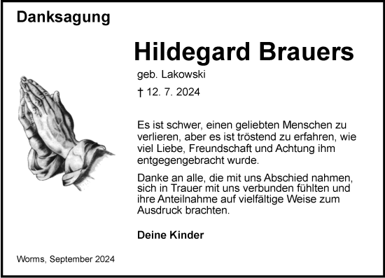 Traueranzeige von Hildegard Brauers von Wormser Zeitung