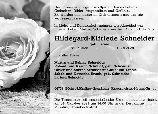 Traueranzeige von Hildegard-Elfriede Schneider von Odenwälder Echo