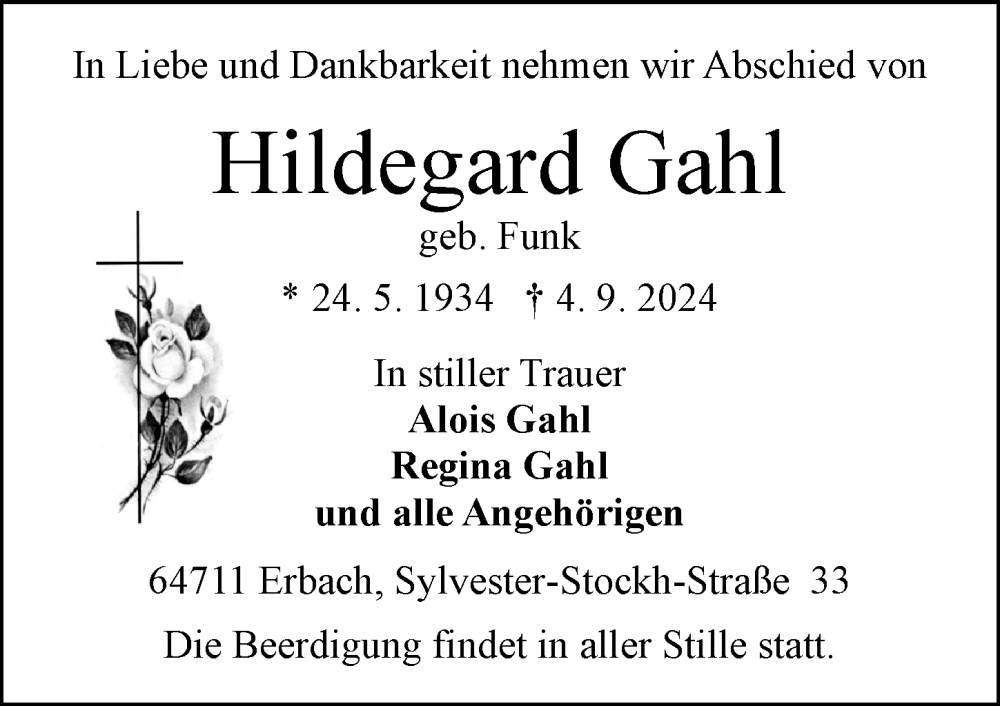  Traueranzeige für Hildegard Gahl vom 07.09.2024 aus Odenwälder Echo