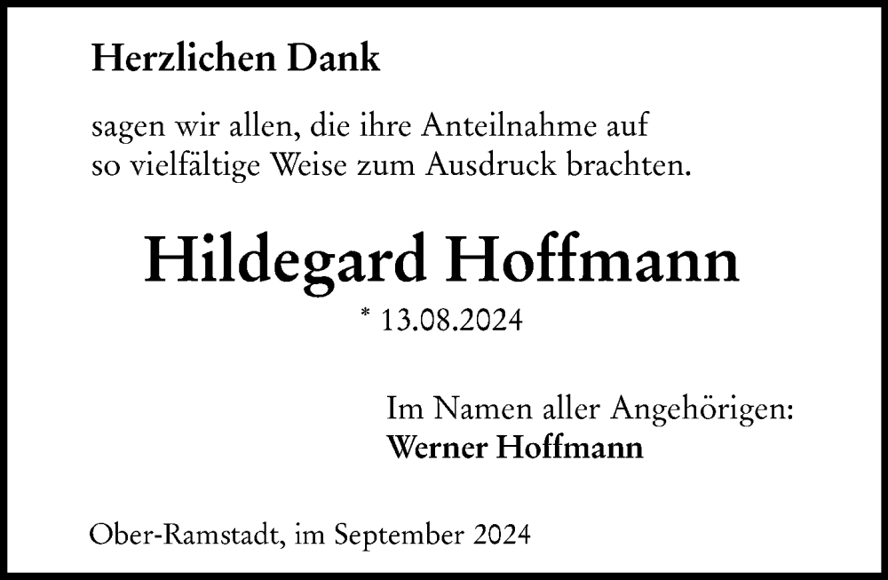  Traueranzeige für Hildegard Hoffmann vom 07.09.2024 aus Darmstädter Echo