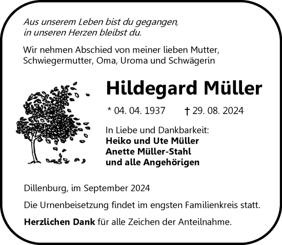 Traueranzeige von Hildegard Müller von Dill Block